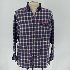 Vintage 90s Ziza Navy Plaid Flannel Button Down Shirt Men's XL Retro Grunge